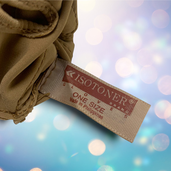 Vintage 1980's Isotoner Driving Length Gloves Tan Stretch Nylon Leather Trim - Picture 4 of 4